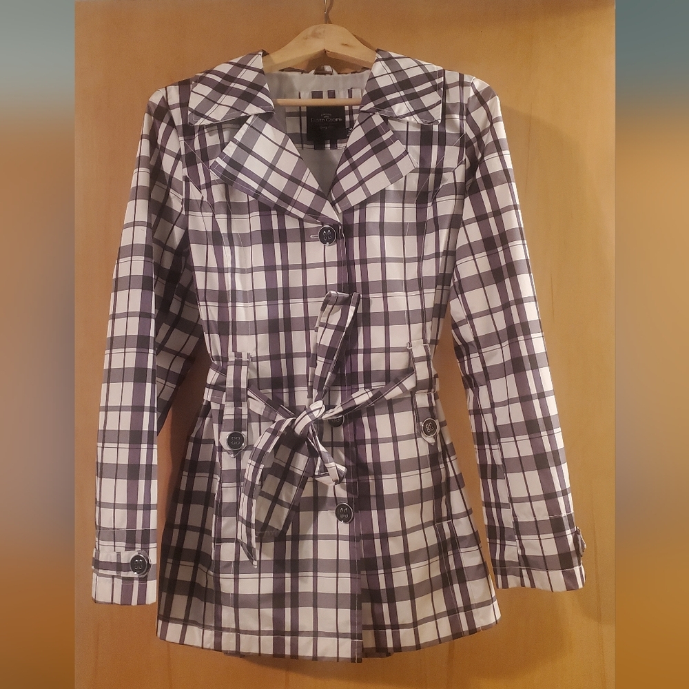 Faded Glory Black And White Plaid Trench Coat, Rain Coat M (8/10)